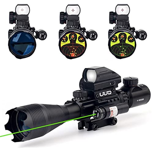 UUQ 4-16x50 Tactical Rifle Scope Red/Green Illuminated Range Finder Reticle W/Laser Sight and Holographic Reflex Dot Sight (Green Laser)