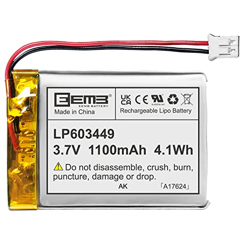 EEMB Lithium Polymer Battery 3.7V 1100mAh 603449 Lipo Rechargeable Battery with Wire JST 2.0mm Connector for Speaker and Wireless Device- Confirm Device & Connector Polarity Before Purchase