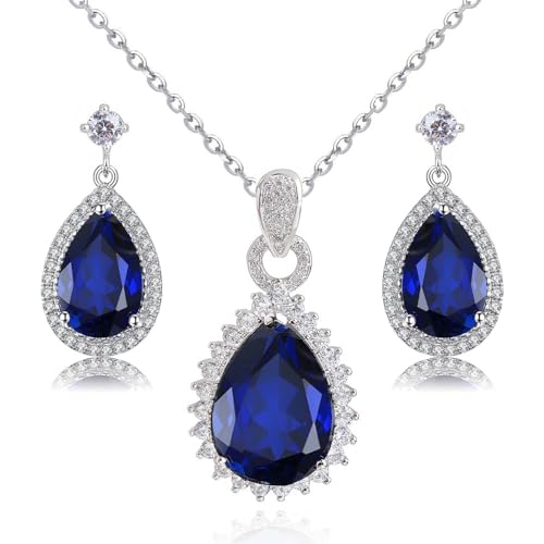 Crystalline Azuria Teardrops Blue Simulated Sapphire Zirconia Crystals Set Pendant Necklace 18 inches Earrings18K White Gold Plated for Women