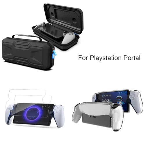 3 in 1 Accessories Bundle for Playstation Portal, Hard Shell Carrying Case & TPU Clear Cover Case & 2 Packs Tempered Glass Screen Protectors Kit, Portable Travel Handbag Compatible with PS Portal