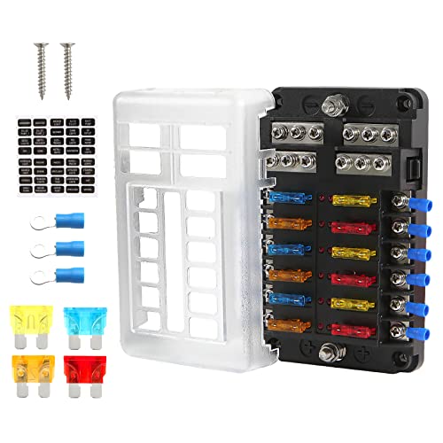 12 Way Fuse Block Waterproof Marine Fuse Holders with Positive & Negative Bus for 12-24V Automotive Boat Truck RV Fuses Included