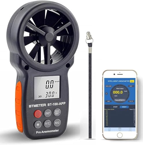 BTMETER BT-100APP Anemometer w/Wireless Bluetooth, Digital Handheld Wind Speed Meter for Wind Chill, Air Velocity, Temperature, Vane Anemometer Gauge