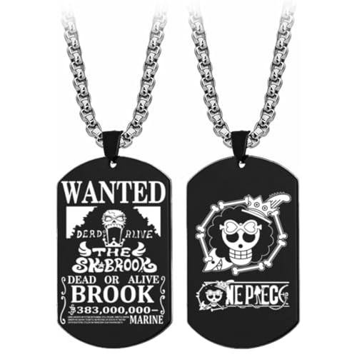 GSADWLI One Piece Wanted Poster Pendant Necklace Stainless Steel Chain Manga Necklaces Dog Tag Jewelry for Men Boys Cosplay Fans Gifts (BROOK)