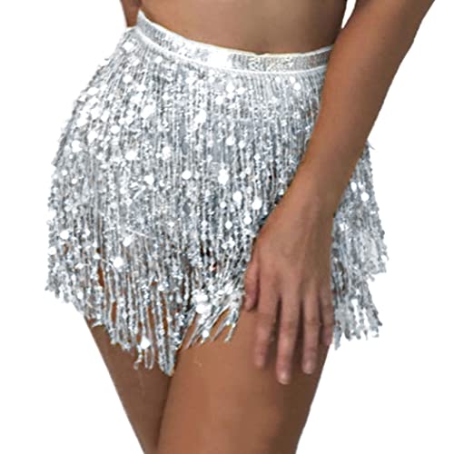 Kakaco Belly Dance Hip Skirt Sequin Fringe Skirts Tassel Wrap Scarf Party Rave Outfit for Women and Girls (A-Silver)