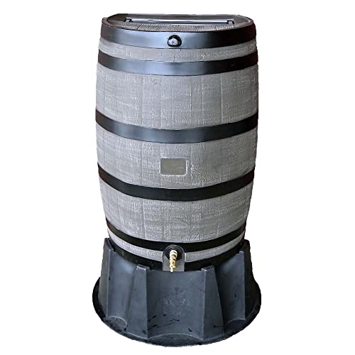 RTS Home Accents 551000655A5681, Woodgrain with Black Stripes Polyethylene 50 Gallon Flat Back Rain Barrel with Stand, Color