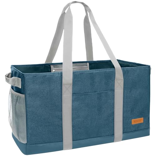 WONDAY Large Stand Up Utility Tote Bag, Reusable Grocery Bags Foldable with Waterproof Bottom (Dark Blue, X-Large)