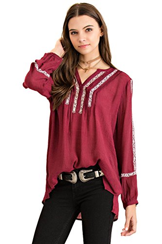 Pin-Tuck V Neckline Button Sleeve Cuff Solid Gauze Embroidery Blouse (MEDIUM, BURGUNDY-T9885)