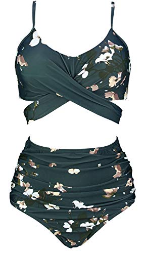 COCOSHIP Green Gables & Brown White Floral Vintage Ruched High Waist Bikini Set Criss Cross Push Up Swimsuit Bath Suit 14