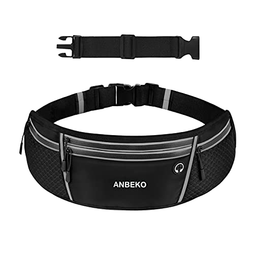 ANBEKO Running belt for Men Women with Extender Large Capacity Runner Waist Pack with 4 PocketsHiking Travel Camp Running Workout Belt BagReflective No Bounce Waist BagEasy Carry Large Phones black