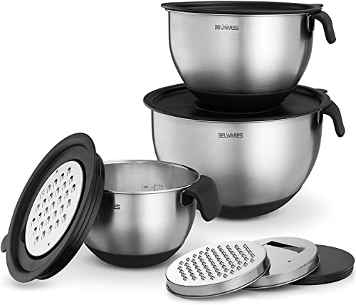 Belwares Mixing Bowls with Lids Set - Nesting Bowls with Graters, Handle, Pour Spout, Airtight Lids - Stainless Steel Non-Slip Mixing Bowl for Cooking, Baking, Prepping, Food Storage (Set of 3)