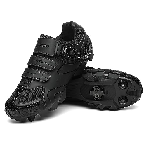 KESCOO Mens Mountain Bike Shoes with 2-Bolts SPD Cleats Included, Cycling Shoes with Quick Ratchet Buckle Indoor Outdoor Riding Biking Black 44