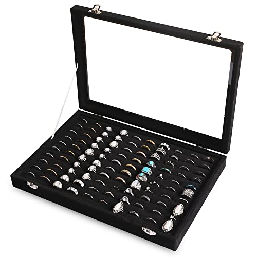 Frebeauty Ring Organizer Tray 100 Slots Ring Holder with Clear Lid Velvet Ring Storage Box Ring Tray for Jewelry Store Ring Display Case for Jewelry Show Ring Box for Women(Black)