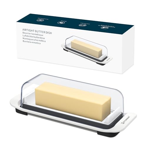KITCHENDAO Airtight Butter Dish with Lid for Countertop and Refrigerator Door Shelf, Easy Scoop-Dishwasher Safe, Plastic Butter Holder Tray Container for West/East Coast Butter, White