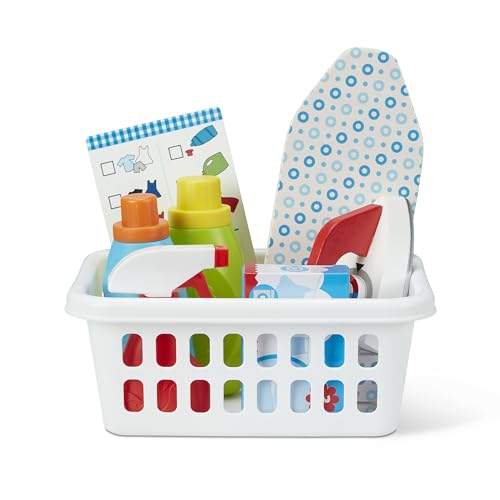 Melissa & Doug Laundry Basket Pretend Play Set With Wooden Iron, Ironing Board, and Accessories (14 Pcs) For Kids