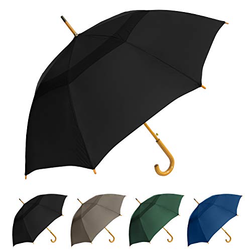 STROMBERGBRAND UMBRELLAS The Vented Urban Brolly 48' Arc Auto Open Large Classic Umbrella with Wooden Hook Handle, Vintage Style Heavy Duty Windproof Long Curved Handle Umbrella for Rain - Black