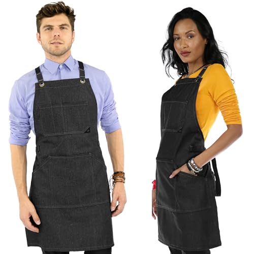 Under NY Sky Essential Black Denim Apron – Cross-Back with Leather Reinforcement – Adjustable for Men and Women – Pro Chef, Tattoo Artist, Baker, Barista, Bartender, Server Aprons