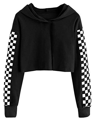 Imily Bela Kids Crop Tops Girls Hoodies Cute Plaid Long Sleeve Fashion Sweatshirts Black