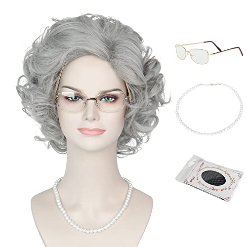 MISS U HAIR Old Lady Wig Costume Set Grandma Wig Granny Glasses Pearl Necklace 3Pieces Part Cosplay Grey Wig