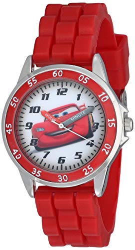 Accutime Cars Kids' Analog Watch with Silver-Tone Casing, Red Bezel, Red Strap - Official Cars Lightning McQueen Character on The Dial, Time-Teacher Watch, Safe for Children - Model: CZ1009