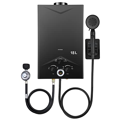 Tankless Water Heater 4.74GPM 18L Outdoor Portable GasHot Water Heater Instant Propane Water Heater with Digital Display Multi-Protection for Camping Trips Boat Cabins