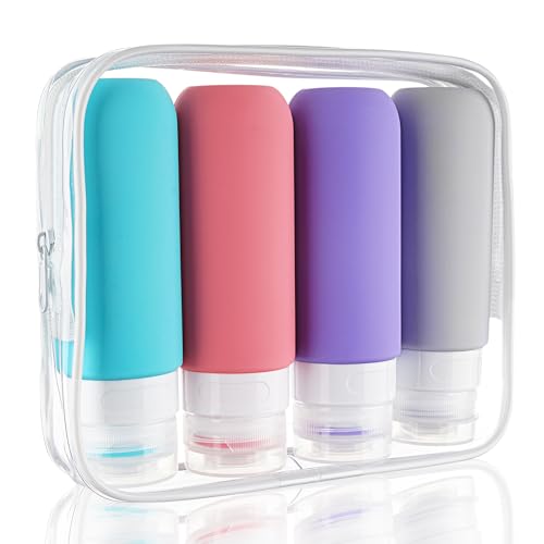 Hethyo Travel Bottles for Toiletries 4 Pack 3oz Tsa Approved Auto-Rebound Travel Size Containers Squeezable BPA Free Leak Proof Refillable Silicone Travel Accessories Toiletry Bag,Label,Brush