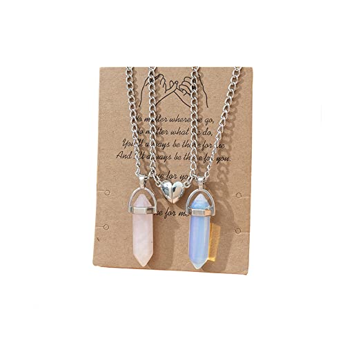2pcs Crystal Mutual Matching Pendant Necklace Natural Chakra Healing Stone BFF Couple Jewelry Gift for Best Friend Families-Pink&Blue