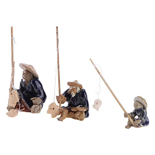 YARNOW 3Pcs Mini Fisherman Figurines Ceramics Chinese Mudman Sitting Fishing Garden Statue Ornament for Fish Tank Micro Landscape Bonsai Fairy Garden Decorations,3.5x3cm