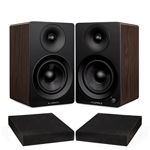 Fluance Ai41 Natural Walnut Powered 2.0 Stereo Bookshelf Speakers with 5' Drivers, 90W Amplifier for Turntable, TV, PC and Bluetooth 5 and High Density Acoustic Foam Isolation Pads 8.5' x 6.35'