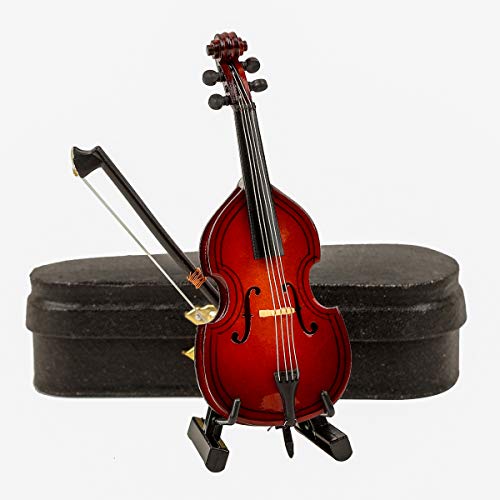 Dselvgvu Wooden Miniature Double Bass with Stand,Bow and Case Mini Contrabass Replica Mini Musical Instrument Collectible Miniature Dollhouse Model Home Decoration (3.94'x1.51'x0.91')