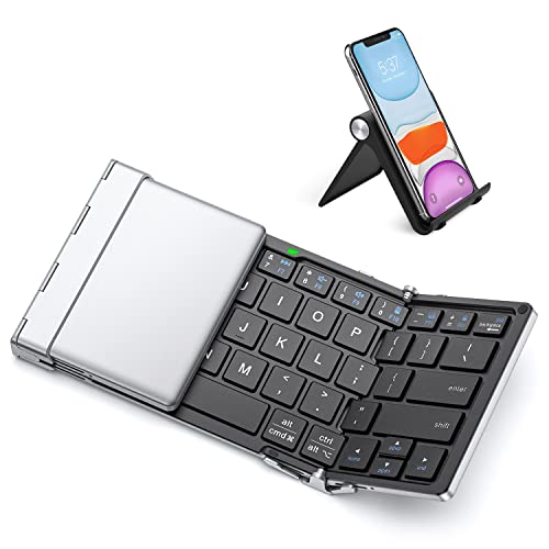 Folding Keyboard, iClever Bluetooth Travel Keyboard, Sync Up to 3 Devices, Metal Build, USB-C Recharge, Portable Foldable Keyboard with Stand Holder for iPad, iPhone, Smartphone, Laptop and Tablet