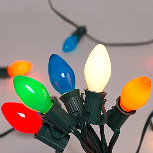 25Ft Multicolor Christmas Lights C7 Vintage Christmas String Lights with 27 Multicolor Ceramic Bulbs(2 Spare), Hanging Outdoor String Lights for Holidays, Christmas Prom Party Wedding- Green Wire