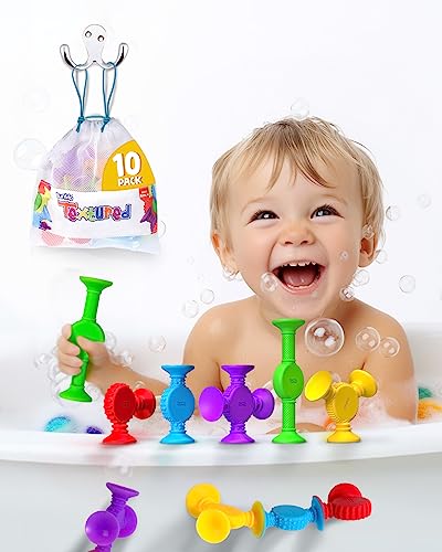 BUNMO Textured Suction Bath Toys 10pcs | Connect, Build, Create | No Mold Bath Toy | Hours of Fun & Creativity | Stimulating & Addictive Sensory Suction Toy | No Hole Bath Toy | Mold Free Bath Toys