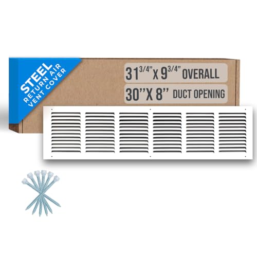 Handua 30'W x 8'H [Duct Opening Size] Steel Return Air Grille | Vent Cover Grill for Sidewall and Ceiling, White | Outer Dimensions: 31.75'W X 9.75'H for 30x8 Duct Opening