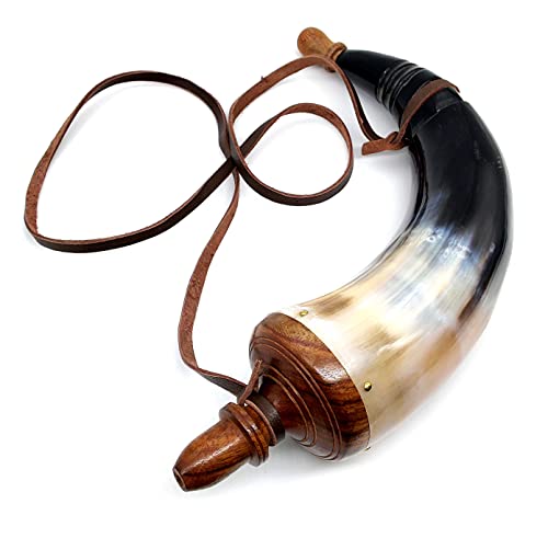 5MoonSun5's Hand Carved Powder Horn with Leather Strap for Civil War Re-Enactment Colonial Black Powder Civil War Repro Revolutionary - Mountain Man