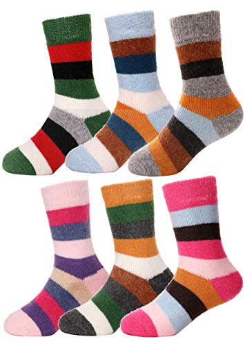 EBMORE Kids Wool Socks for Boys Toddlers Girls Warm Winter Hiking Thick Cozy Thermal Boot Heavy Crew Snow Soft Child Socks 6 Pairs (Striped,4-7 Y)