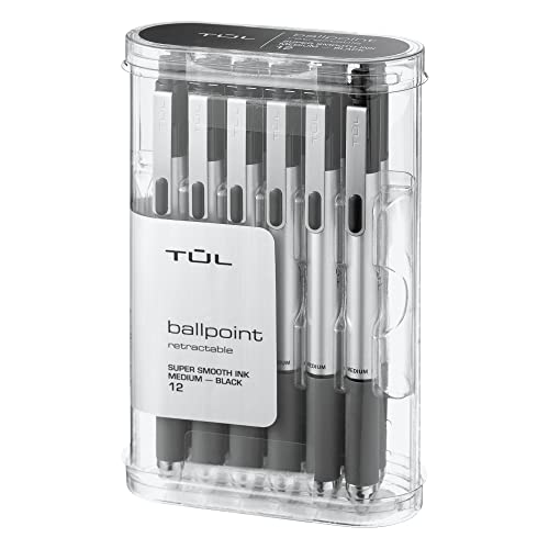 TUL BP3 Retractable Ballpoint Pens, Medium Point, 1.0 mm, Silver Barrel, Black Ink, Pack Of 12 Pens