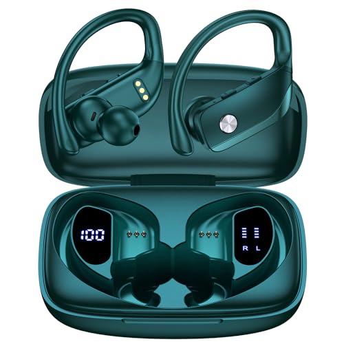 bmanl Wireless Earbuds Bluetooth Headphones 48hrs Play Back Sport Earphones with LED Display Over-Ear Buds with Earhooks Built-in Mic Headset for Workout Green
