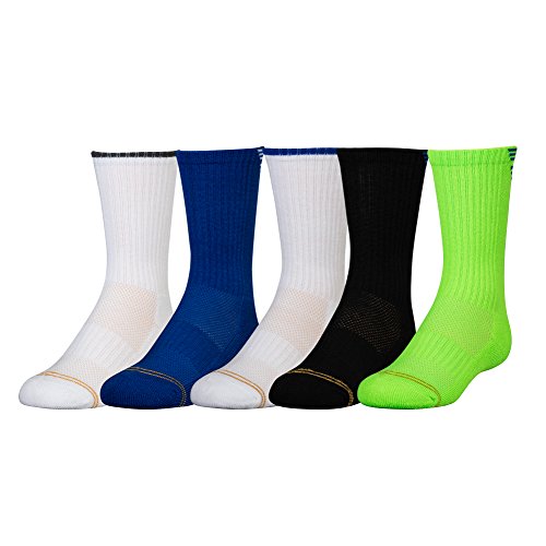 Gold Toe Boys' Ultra Tec Back Stripe Crew, 5-Pair, green/blue, white/blue, blue/white, grey, black/blue, Medium