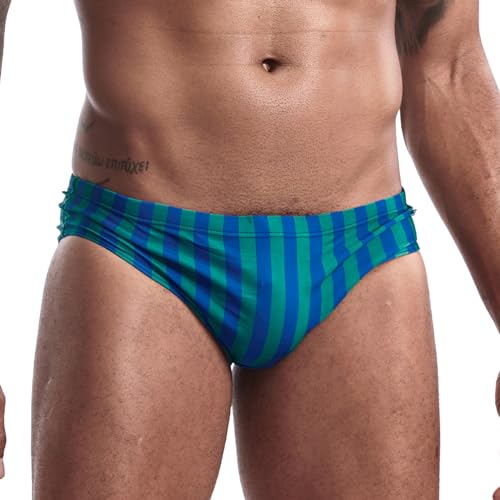 AIMPACT Mens Stripe Swim Briefs Sexy Bikini Swimwear Quick Dry Trunks Bathing Swimsuit for Men (GreenBlue M)
