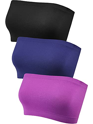 Women's Strapless Bralette Seamless Bandeau Soft Stretchy Non-Padded Bandeau Tube Top Bra in Multi Color, 3 Pieces(Black, Navy Blue, Dark Purple,X-Large - XX-Large)