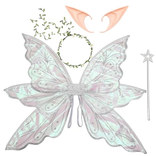 caretoto Silver Fairy Wings for Girls Dress Up Sparkling Sheer Wings Butterfly Halloween Fairy Costume Angel Wings for Women Adults,Medium