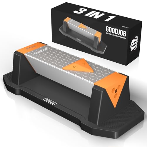 Goodjob Diamond Sharpening Stone 3 Side Grit 400/1000/8000 Premium Industrial Diamond & Ceramic Whetstone Knife Sharpener Suitable for Steel of any Hardness with Angle Guide and Non-Slip Base