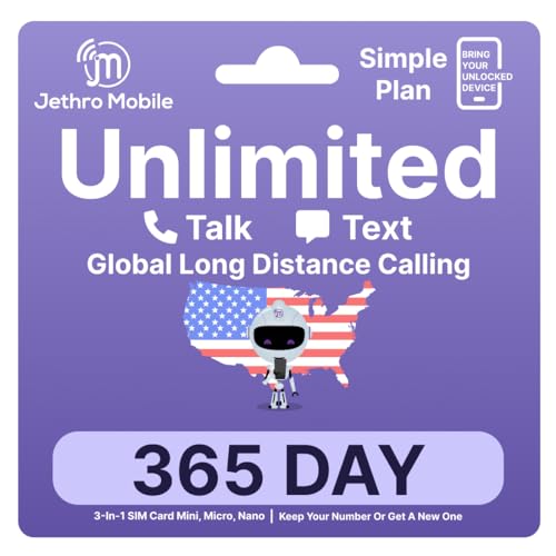 Jethro Mobile 1 Year Cell Phone Plan Unlimited Talk & Text Only, International Calling to Canada, Mexico, India and 80+ Countries, Prepaid Sim Card for Seniors & Kids | BYOP SIM Kit (1 Year)