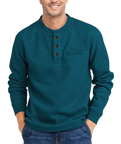 ZITY Long Sleeve Henley Shirts for Men Thermal Waffle Casual Fashion Pullover 3-Button Tee Shirt with Pocket,Dark Teal Blue XL