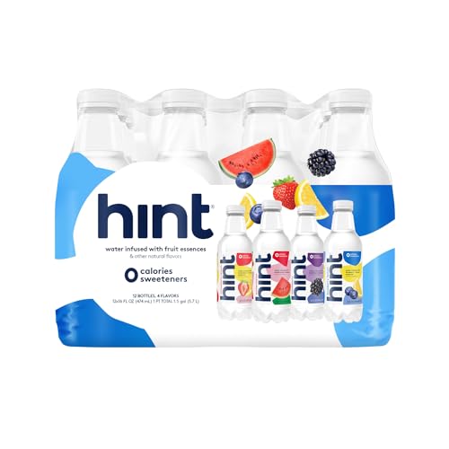 Hint Water White Variety Pack (Pack of 12), 3 Bottles Each of: Watermelon, Blackberry, Blueberry Lemon, and Strawberry Lemon. Flavored Water With Zero Calories, Zero Sugar, and Zero Sweeteners