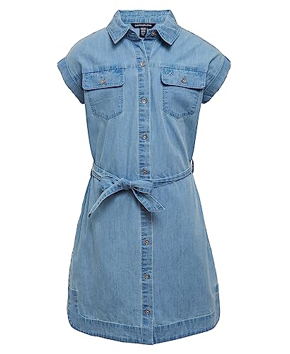 Calvin Klein Girls' Short Sleeve Denim Shirt Dress, Chambray & Dark Denim Colors, Chambray, 8-10