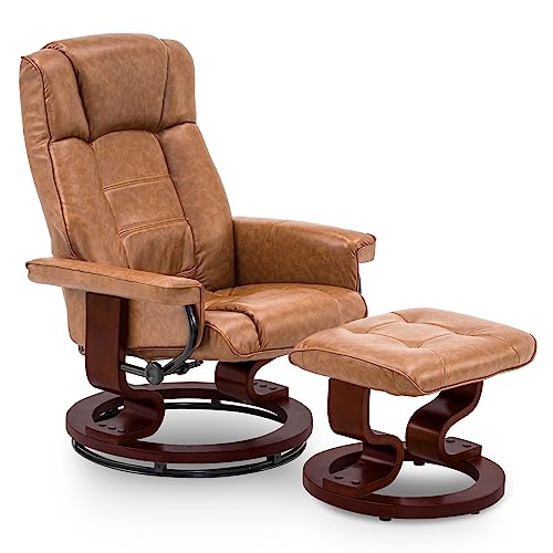 MCombo Swivel Recliner with Ottoman, Multi-Position Leisure Office Chair with Adjustable Back, Faux Leather Ergonomic Lounge Chairs w/Footrest for Bedroom Living Room 9019 (Saddle)