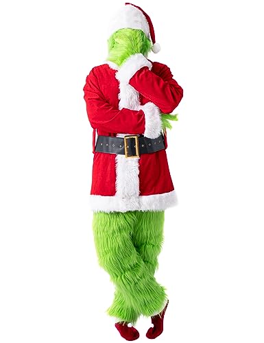 PAFIGA Green Big Monster Costume for Men 7pcs Christmas Deluxe Furry Adult Santa Suit Green Outfit (Large)