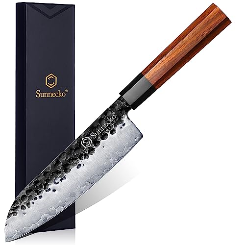 Sunnecko Santoku Knife 7 Inch, Kitchen Santoku Knife Japanese 9CR18MOV 3-Layered High Carbon Stainless Steel Sushi Knife Wooden Handle