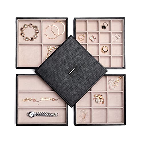 BEWISHOME Jewelry Organizer Tray Stackable Earring Storage Trays with Lid for Dresser and Drawer 32 Slots for Rings, Earrings, Necklaces, Bracelets and Watches Set of 4 Black SSH81B